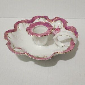 Porcelain Scalloped Candle Holder with Handle White Purple Green Gold Floral